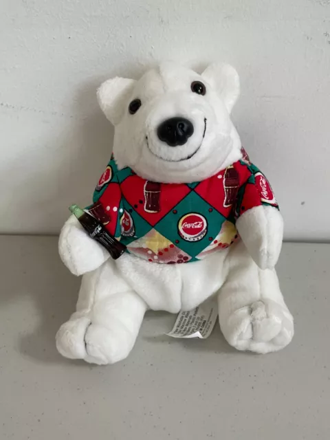 Vintage Coca-Cola Polar Bear Plush Argyle Shirt 1997 Bean Bag Plush Small