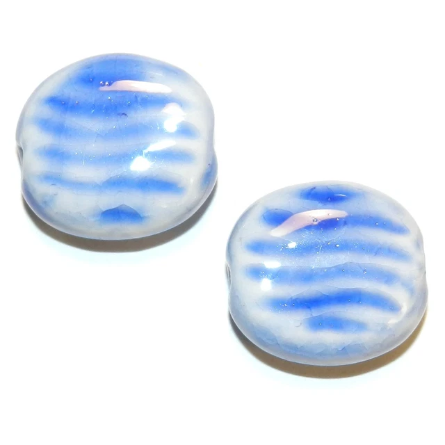 CPC275 Blue on White Glazed 22mm Flat Oval w Wave Texture Porcelain Beads 8pc
