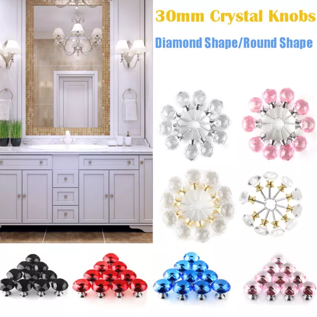 1/ 10x 30mm Clear Crystal Glass Round Diamond Drawer Knobs Cabinet Pull Handle