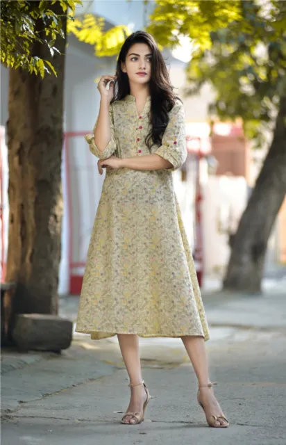 Indian Hippe Beige Floral Cotton Kurti Women's Clothing Kurti Girls Kurti M Size