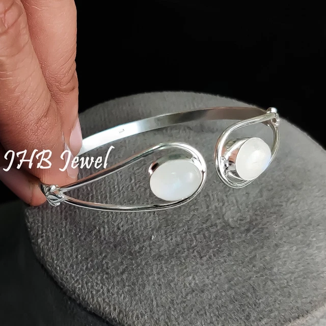 Bracelet Manchette Argent Sterling 925 - Pierre De Lune Naturelle - Fait Main Inde