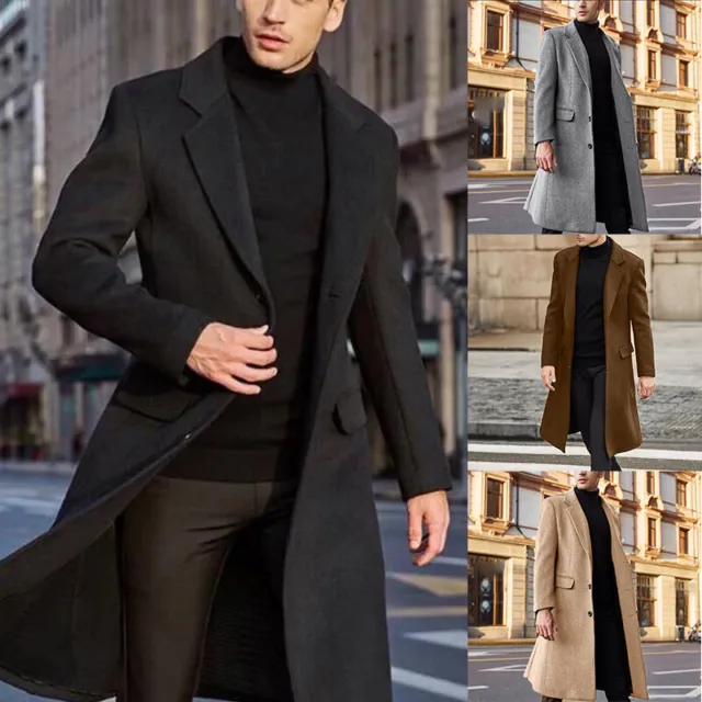 Mens Winter Trench Coat Long Jacket Lapel Neck Outwear Single Breasted Overcoat