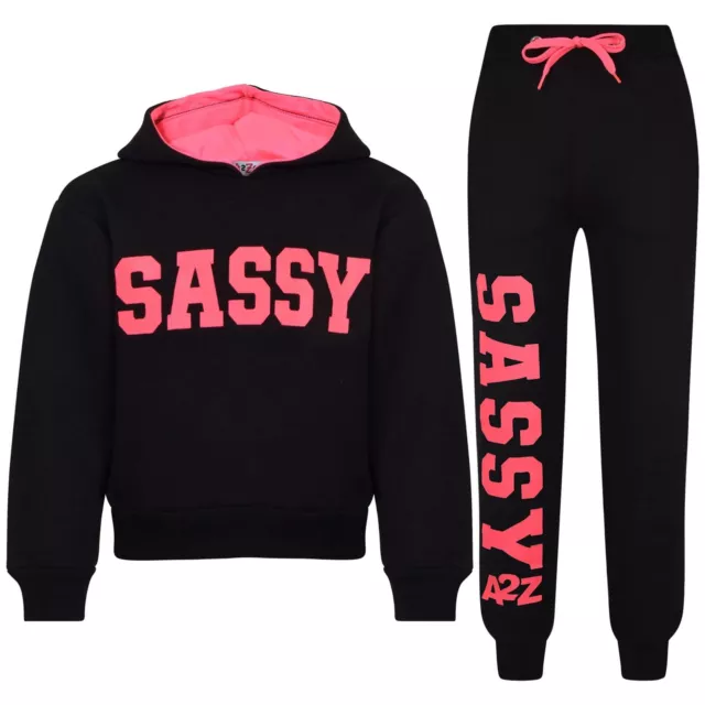 Girls Tracksuit Sassy Print Black & Neon Pink Hooded Top Bottom Jog Suits