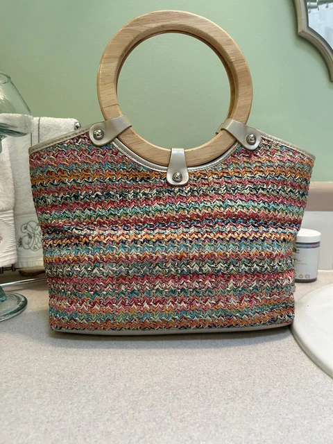 Giani Bernini Straw Handbag Multi Color Woven Tan Trim - Wood Round Handle