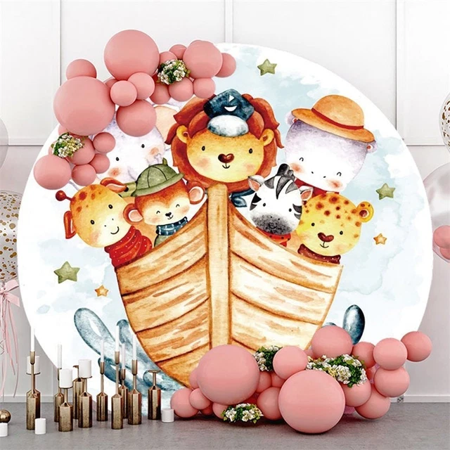 Wood Boat And Cute Animals Round Birthday Backdrop Kit