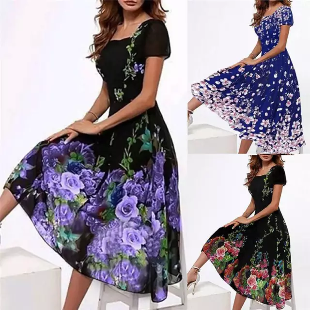 Short Sleeve Beach Midi Dress Sundress Ladies Womens Holiday Boho Floral Summer 2