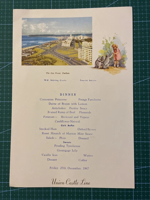 Union Castle Line Menu - M.V STIRLING CASTLE / Durban Africa 27th December 1967
