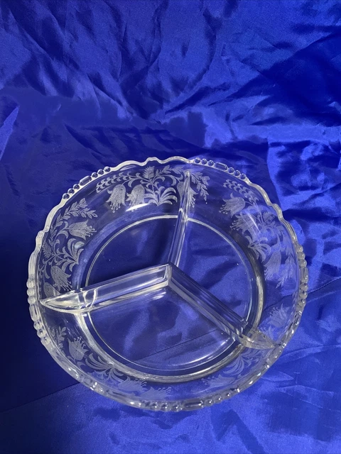 Vintage 1940's Tiffin Glass Fuchsia Etched 3-Part Relish Dish in Clear Color
