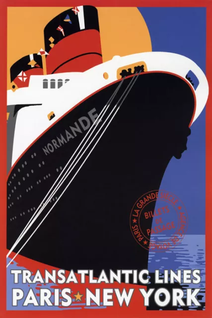 Transatlantic Lines Paris New York Ship Cruise Travel Vintage Poster Repro