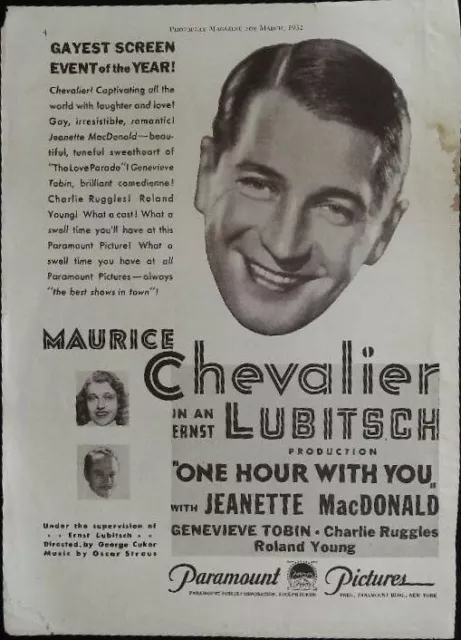 One Hour With You Trade Print Ad 1932 Maurice Chevalier, Jeanette MacDonald