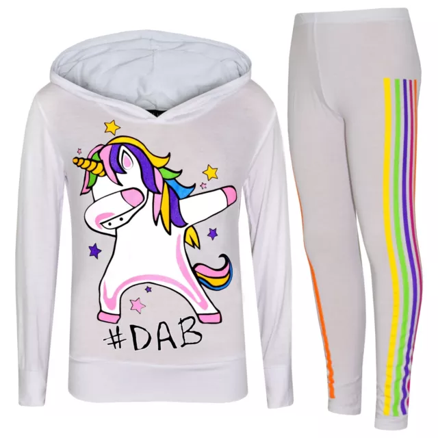 Kids Girls White Unicorn Rainbow #Dab Floss Top Legging Set Xmas Tracksuit 7-13Y