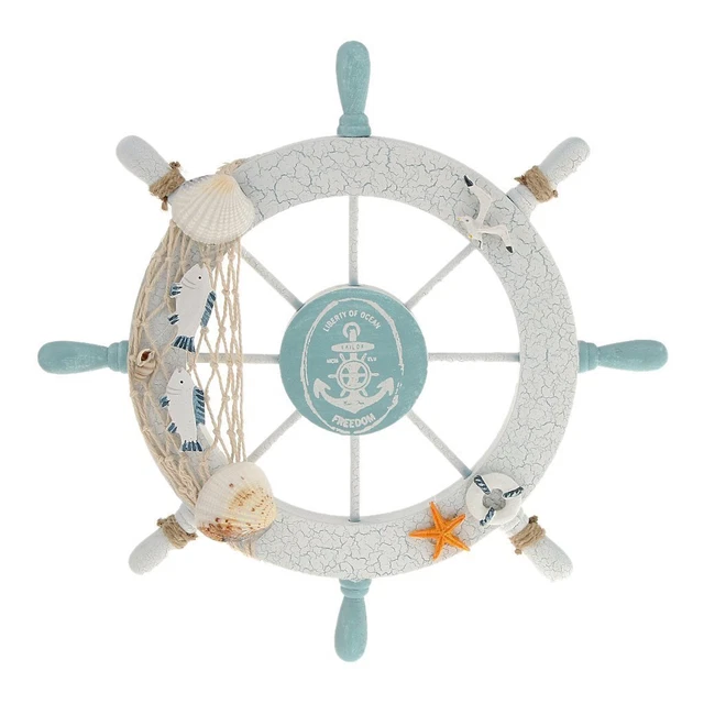 Nautical Beach Wooden Boat Ship Steering Wheel Fishing Net Shell Home Wal