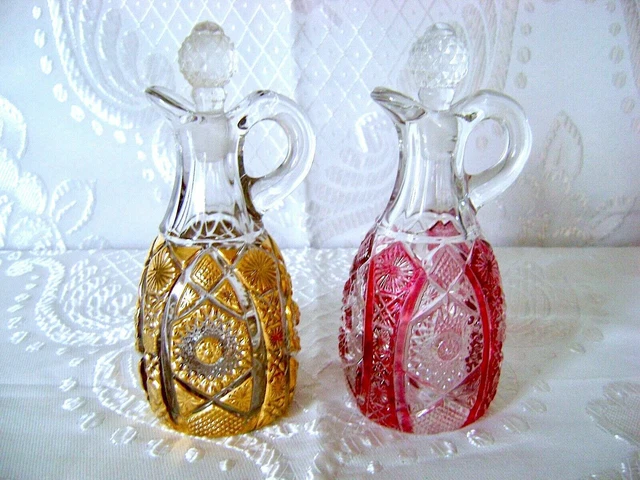 Pair Vtg Imperial Glass Octagon #505 Bellaire Oil Vinegar Cruets Clear Gold Ruby