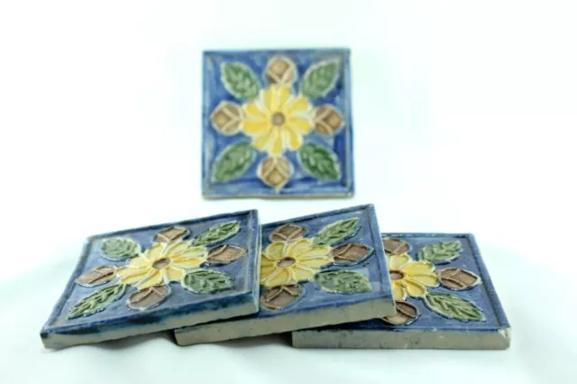 Antique Ceramic Tiles: Vintage Victorian Majolica Art, Embossed Design, 4 Pc Set