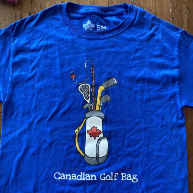 Men's Adult Small T-shirt CANADIAN GOLF BAG Hockey Fishing Lacrosse Blue Canada