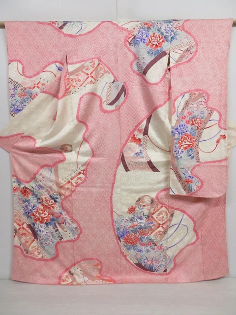 0905i02z1000 Japanese Kimono Silk SHIBORI FURISODE Pink Flowers