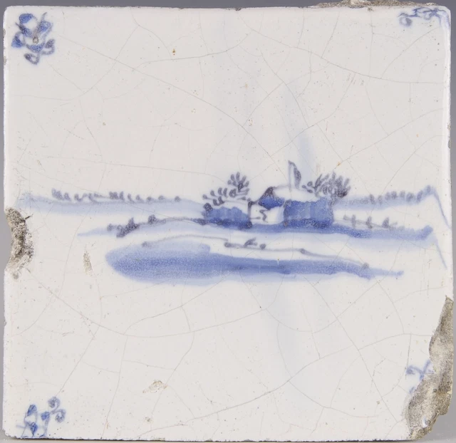 Nice Dutch Delft Blue tile, house in a landscape, late 17th ct circa 1680.