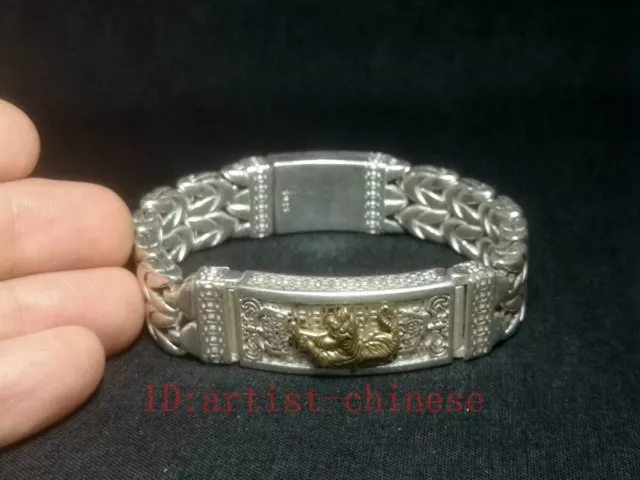 Asian Chinese Tibet Silver Carving tiger Statue bracelet gift old Collection