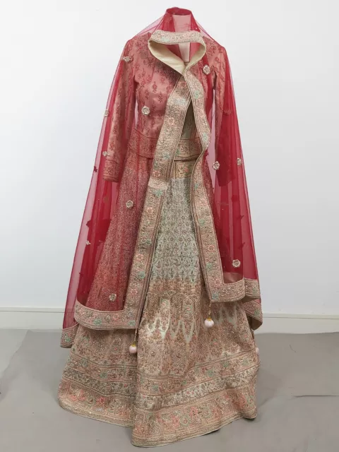 Zarkan Designer Bridalwear Lehnga Choli Dupatta Anarkali UK S Beige Golden Red 2
