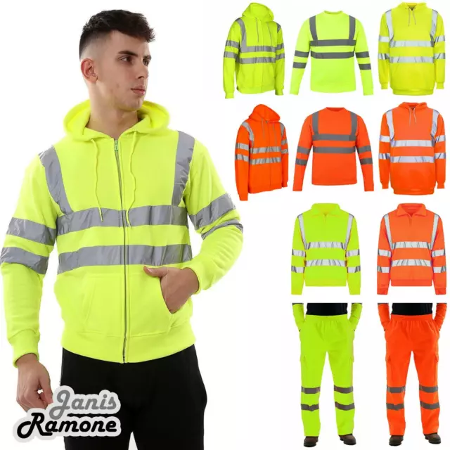 Mens Hi Vis Visibility Reflective Safety Work Wear Hoodie Fleece Sweatshirt Pant