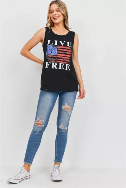 Black Flag Print Tank Top Size Small Round Neck Live Free Red White Blue USA