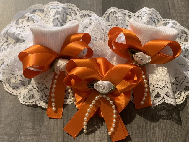 Calze scuola romane/spagnole Frilly taglia 6-8,5 con fiocco arancione e clip per capelli