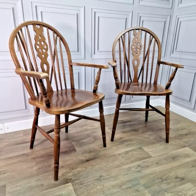 Pair Of 2 Retro Solid Wooden Wheel Hoop Back Carver Windsor Dining Chairs