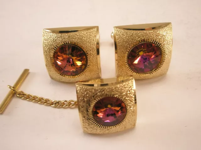 Rhinestone Rivoli Glass Vintage ANSON Cuff Links & Tie Tack set