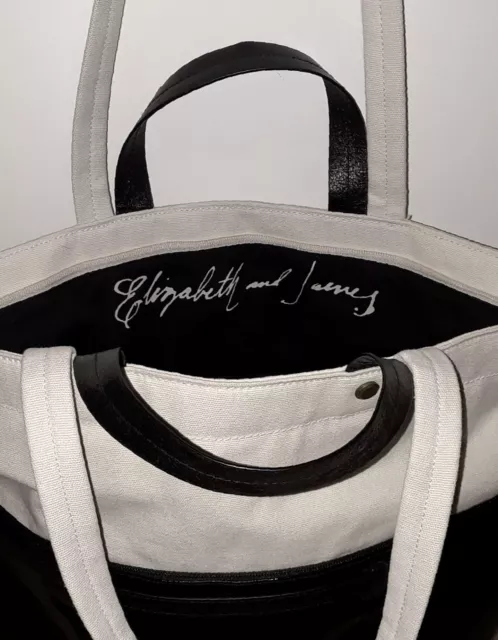 ELIZABETH AND JAMES Black & Natural Canvas Off White Signed Shopper Tote Bag