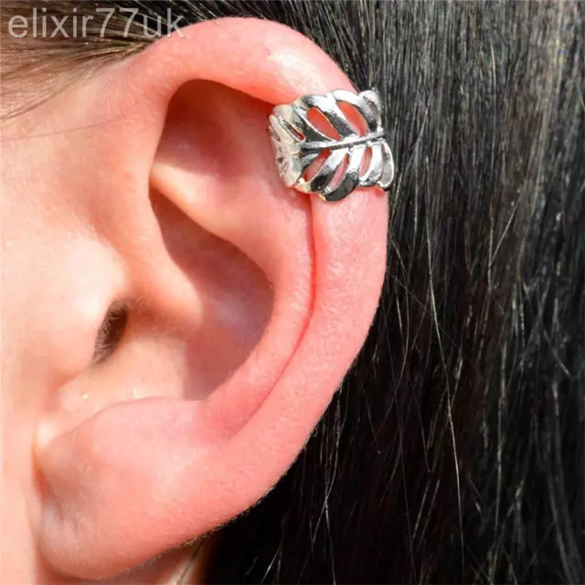 New Vintage Silver Leaf Ear Cuff Upper Helix Cartilage Clip-On Earring Rock Goth