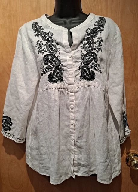 Carole Little L White Linen Blouse With Black Embroidery 3/4 Sleeves
