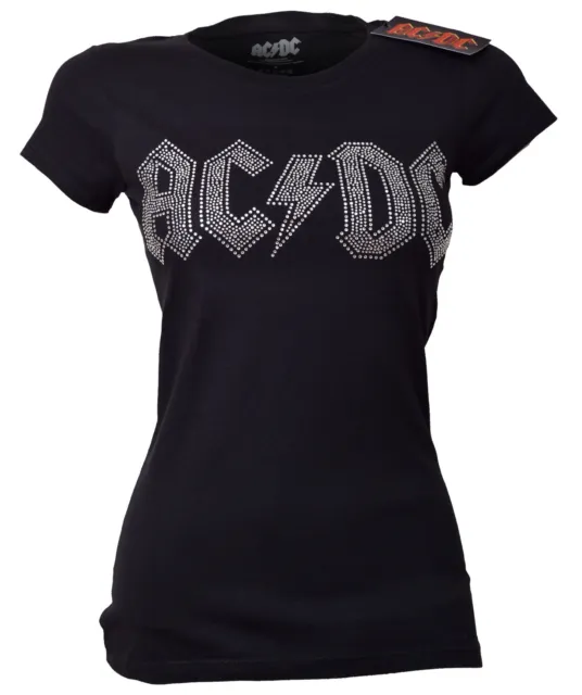 AC DC Logo Diamante T Shirt Official Ladies  Skinny Sparkly Embellished NEW