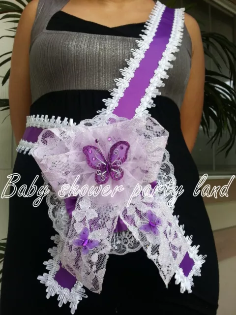 Baby Shower for Girl Mom To Be Sash Purple With Butterflies Ribbon & Corsage