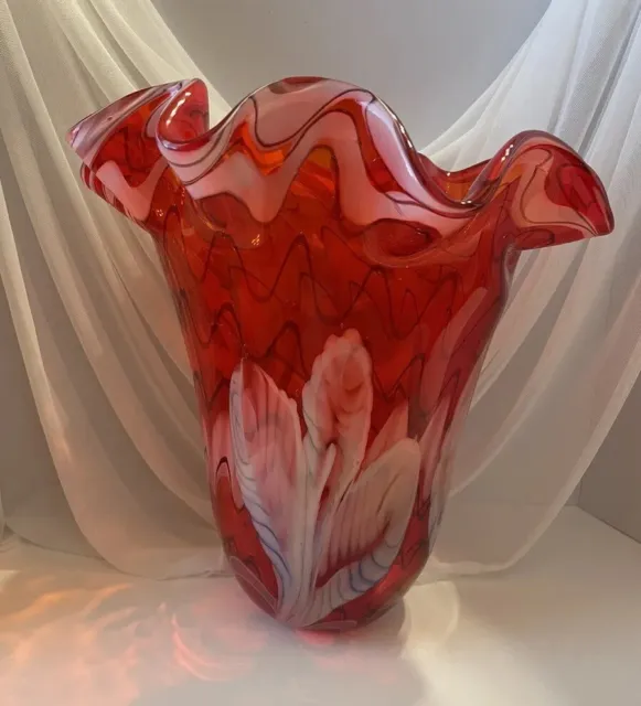 Art Glass Red Ruffle Top Hand Blown Handkerchief Vase
