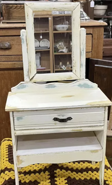 ANTIQUE Wooden Toy DRESSER Chest of Drawers w/ Mirror Doll Child’s White VINTAGE