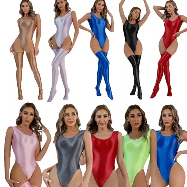 Damen Sexy Bodysuit Einteiler Overall Glänzend Dessous Unterwäsche Ärmellos Body