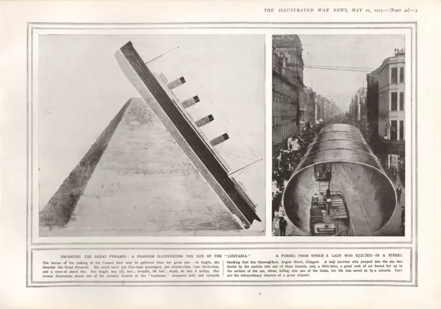 1915 Wwi Print ~ Comparative Size Of The Lusitania Great Pyramid ~ Funnel
