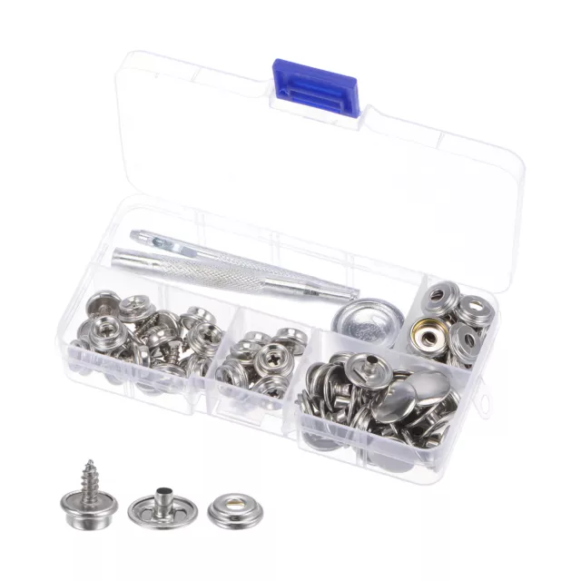 25 Sets Screw Snap Kit Stainless Steel Snaps Button 15mm with Tool Silver Tone