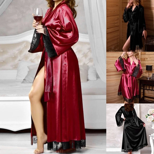 Womens Sexy Satin Silk Nightwear Lace Long Bride Kimono Robe Night Dressing Gown