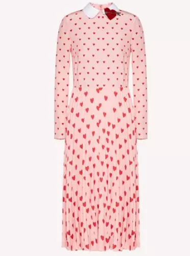 Red Valentino Pink/Red Heart-Printed Pleated Crepe De Chine Heart Dress sz M