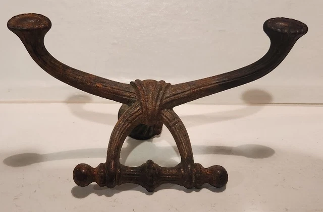 ANTIQUE LARGE 6" CAST IRON DOUBLE COAT HAT HOOK Victorian Eastlake Art Nouveau