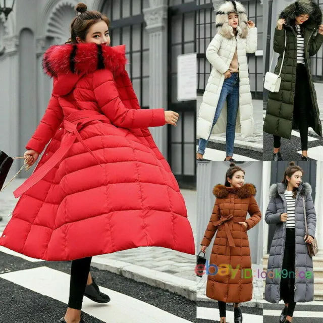 Women's Winter Parka Coat Long Down Cotton Warm Fur Collar Hooded Jacket Outwear
