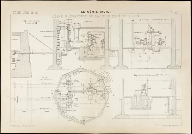 Plan ancien de l'usine élévatoire de la ville de Bourg (Ain). 1913 Génie civil