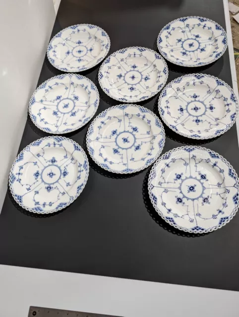 8 Royal Copenhagen Dinner Plates Blue Fluted Full Lace 9 7/8"