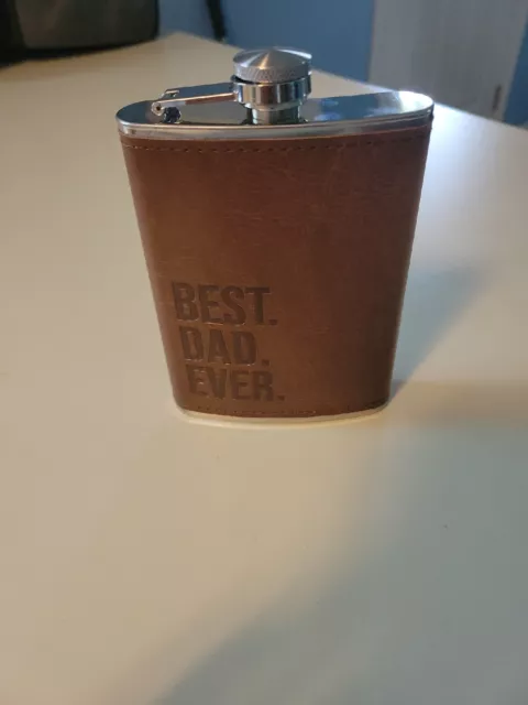 Genuine Leather Wrap 8 oz. Stainless Steel Hip Flask "BEST DAD EVER" Design