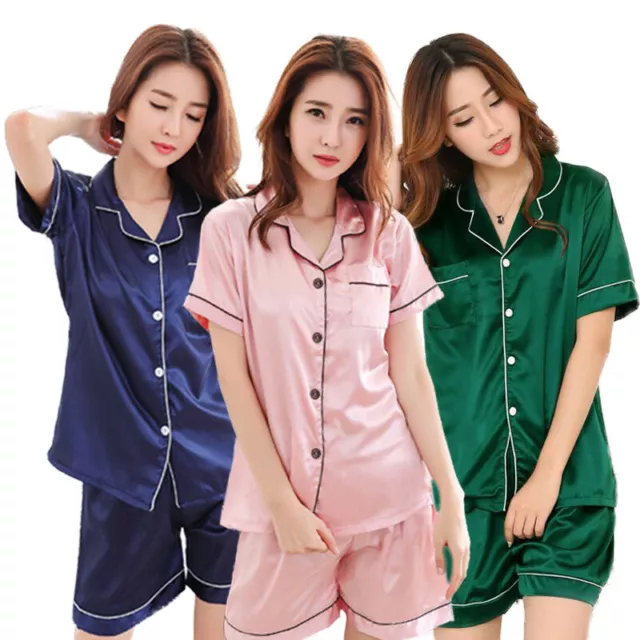 Women Silk Satin Pajamas Set Short Sleeve Button-Down Sleepwear Loungewear Charm