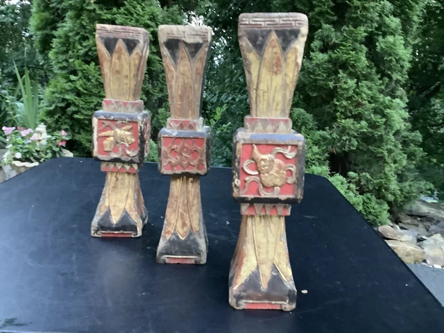Vtg! Lot of 3 Gothic Style Hand Carved Pedestal/Pillar Candle Holders 14.5” Tall