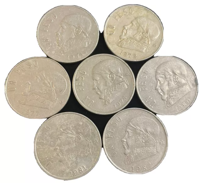Mexico City Mint Un 1 Peso 7 Coin Lot 1971 1972 1977 1978 1980 1981 1982 Km# 460