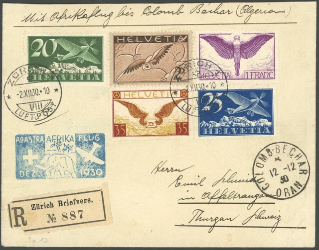 LUFTPOST 2.12.1930, 3. SCHWEIZER AFRIKAFLUG, Zürich-Colomb Bechar,
