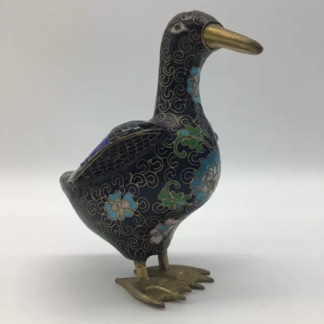 Cloisonne Duck Enamel & Brass Floral Design On Black Main Color